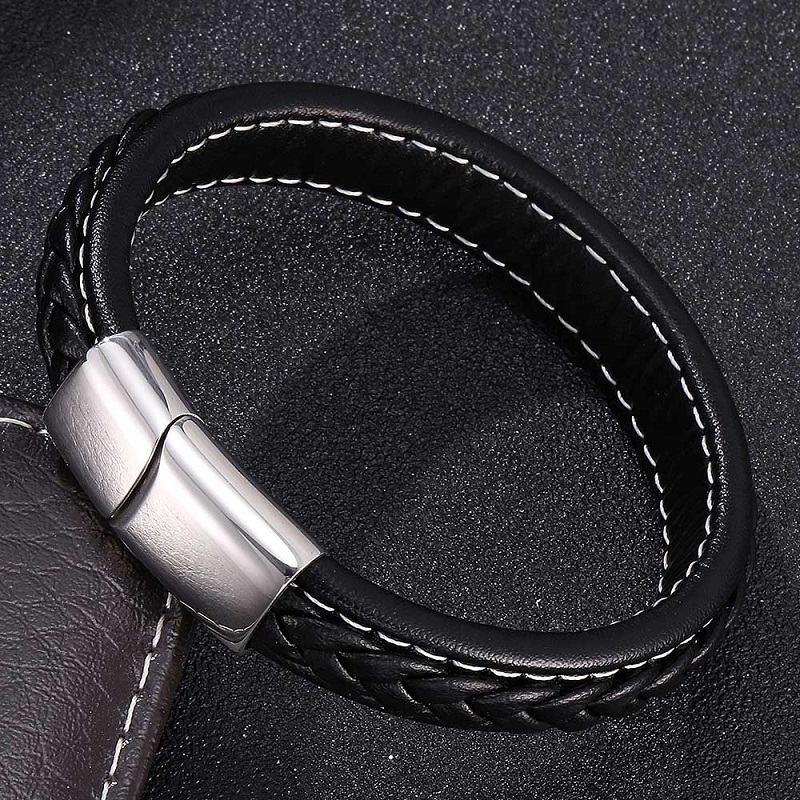 

Fashion Black/Brown/Blue Leather Bracelet Men Jewelry Stainless Steel Magnetic Clasps Male Wrist Band Bangles Gift 728