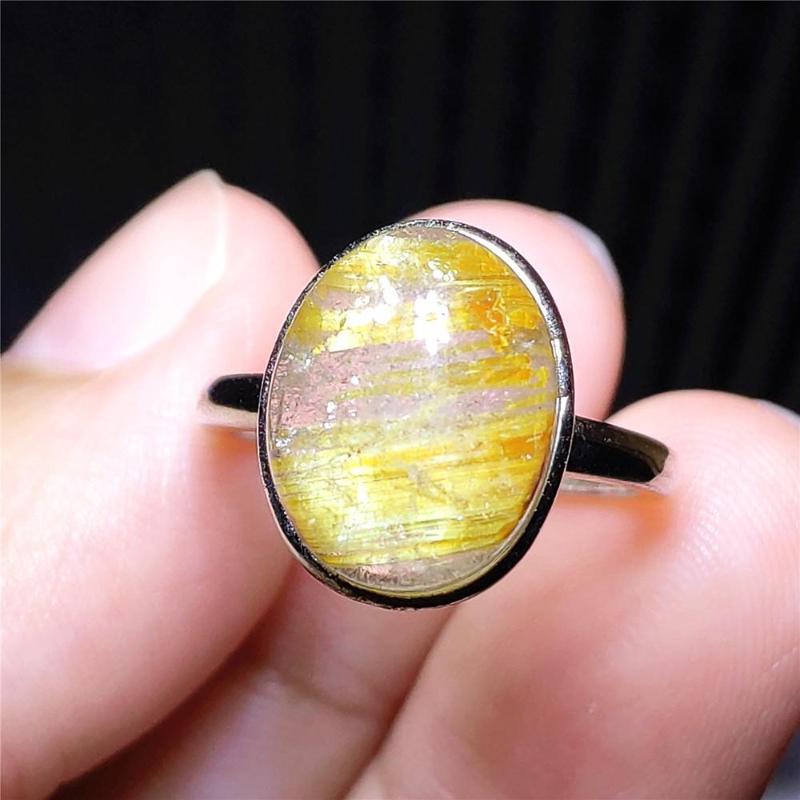 

Genuine Natural Gold Rutilated Quartz Adjustable Ring Crystal Oval 925 Sterling Silver 13x10mm Wealthy Stone Ring