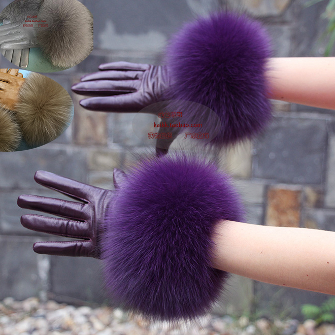 

Leather Gloves Lambskin Oversized Fur Gloves Purple Gray Women's Mittens
