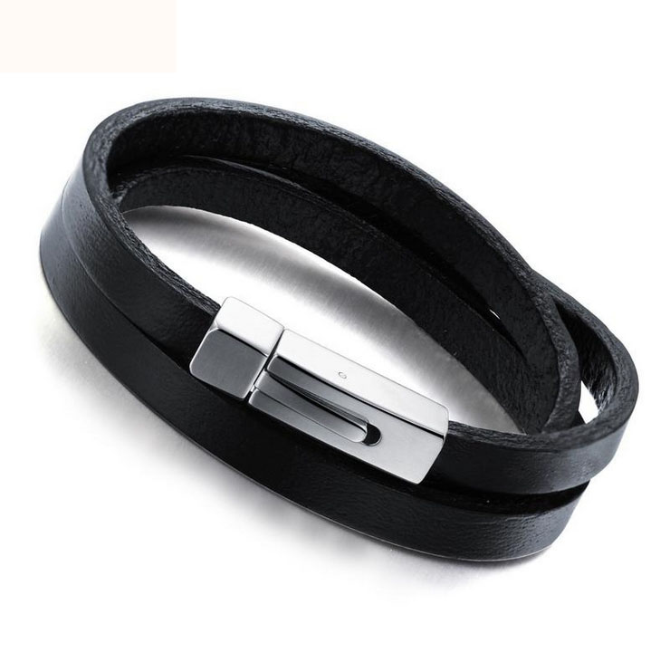 

1Pcs Mens Leather Wrap Wristband Silver Color Clasp Bracelet #95349