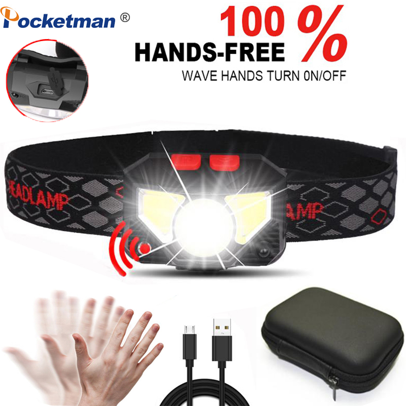 

Powerful Hands-free LED Headlamp Motion Sensor head lamp LED headlight Torch Built-in battery inductive with Portable box