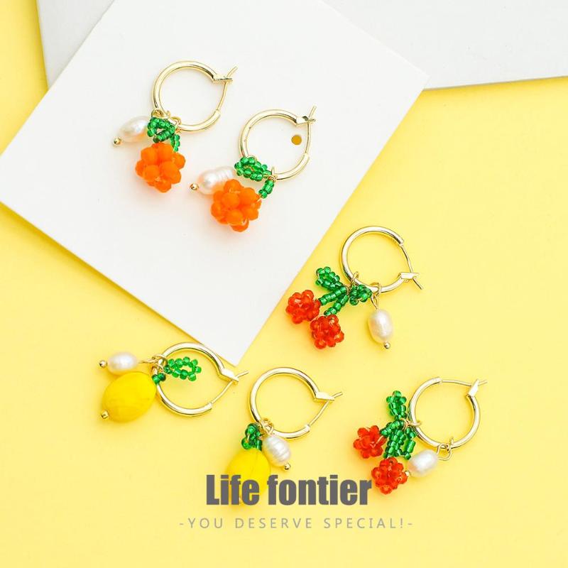 

Lifefontier Sweet Cute Handmade Beaded Cherry Orange Pearl Earrings Small Fruit Hoop Earrings for Women Girls Pendenties Jewelry