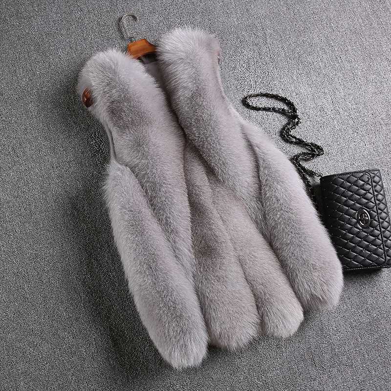 

Women 2020 Winter Fashion Mid-Long Real Fur Vest Female Solid Color V-neck Outerwear Ladies Slim Warm Sleeveless Coats V147, Light grey