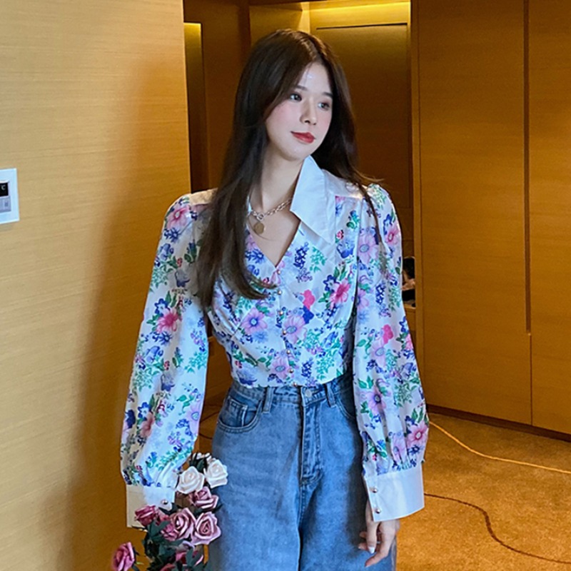 

vetement femme hot chiffon floral Blouses Spring and autumn shirts high quality Women' Clothing Korean style fashion crop tops, Multi