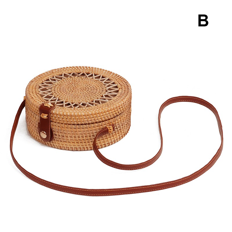 

New Beach Straw Rattan Women Round Bag Crossbody Handmade Hollow Out bag, Sky blue