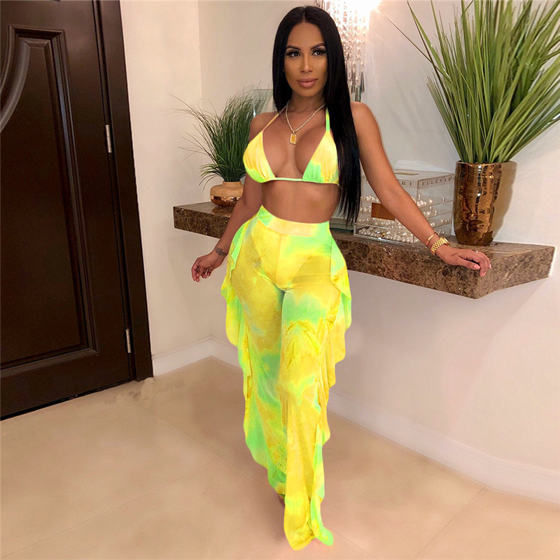 

Bright Yellow Two 2 Piece Set Women Sexy Halter Bandage Bra Crop Top Ruffles Long Pants 2020 Summer Beach 2 Pcs Matching Sets, Green