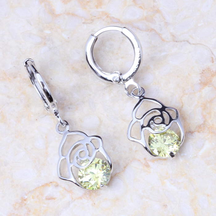 

Womens Wedding Jewelry Yellow Crystal With Zircon Flower Earrings Silver Colour Drop Earrings E294