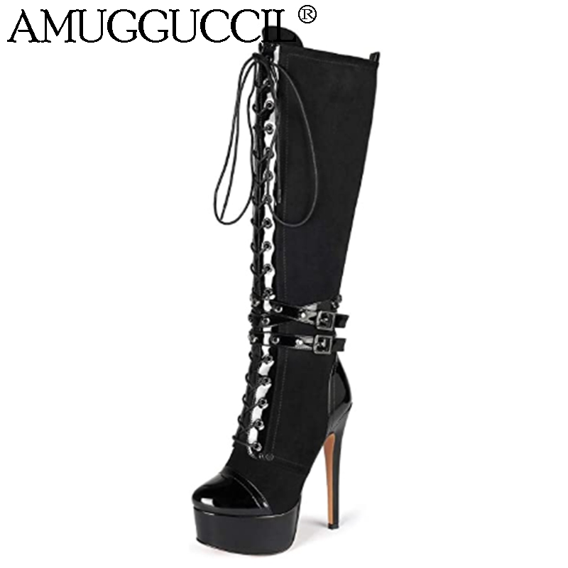 

Customize Plus Big Size 36-52 Black Win- red Lace Up Buckle Knee High Heel Platform Autumn Winter Lady Female Women Boots X2014