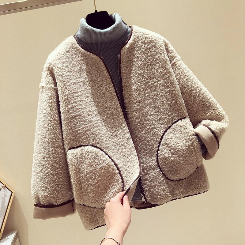 

Lamb Fur Coat 2020 New Winter Streetwear Loose O Neck Long Sleeve Pockets Plush Velvet Thick Coat Plus Size, Dark brown