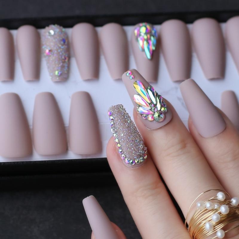 

Handmade nude coffin reusable Press on nails box 24pcs Acrylic nails crystal bling Microdrill glitter Ballet fasle, H-065 nude