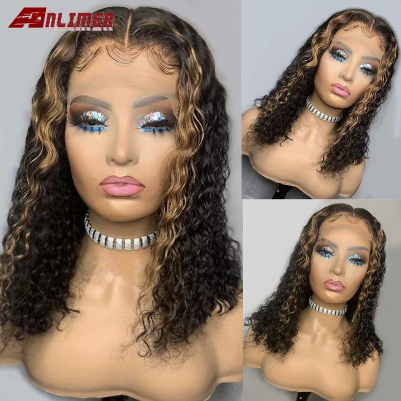 

Short Bob Wigs Water Wave Lace Front Human Hair Wigs Highlight Color 13x6 Human Hair Brazilian Remy Bob Lace Front, 13x4 middle part wig