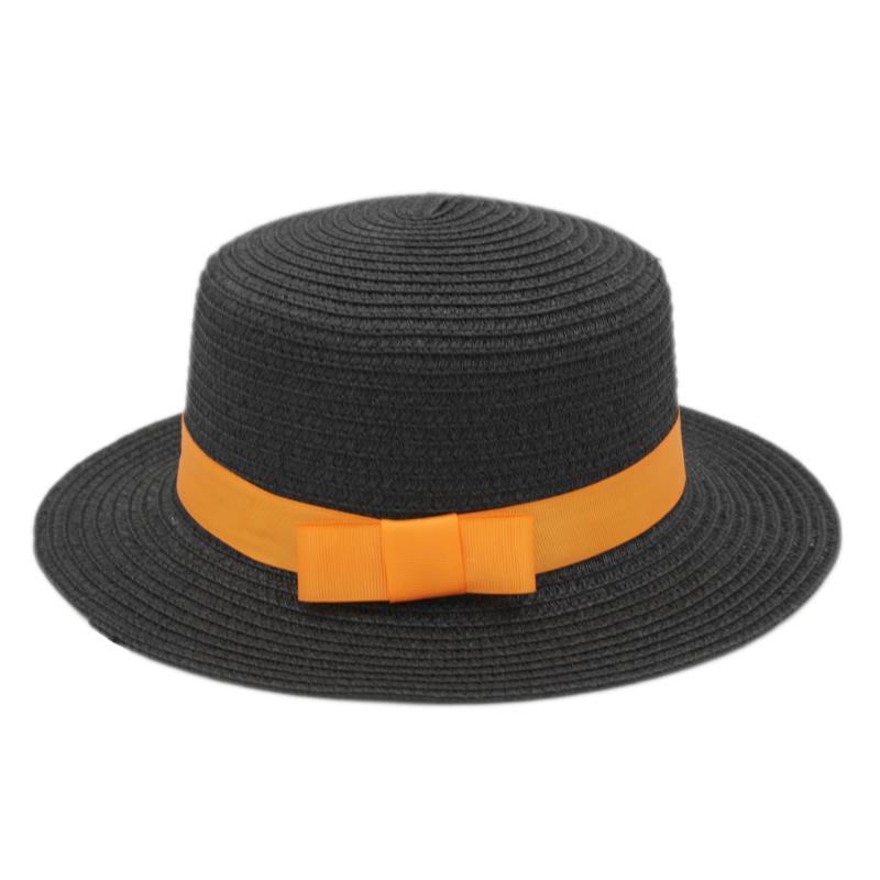 

Mistdawn Summer Straw Boater Hat Sailor Women Bowler Beach Sun Flat Top Cap Orange Ribbon, Black