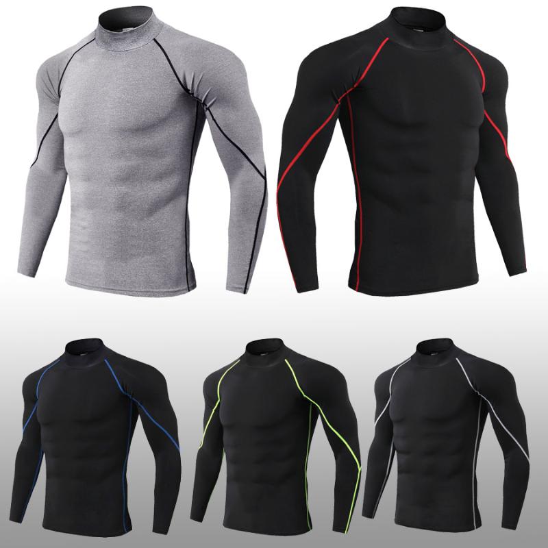 

T-shirt with fitness lapel compression, high collar, casual thermal men' underwear with , streetwear, gym tops, Beige