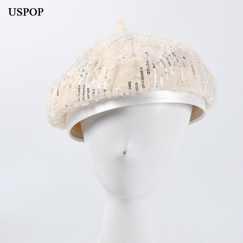 

USPOP 2020 sequins berets women breathable beret hat for Spring Summer Autumn, Black