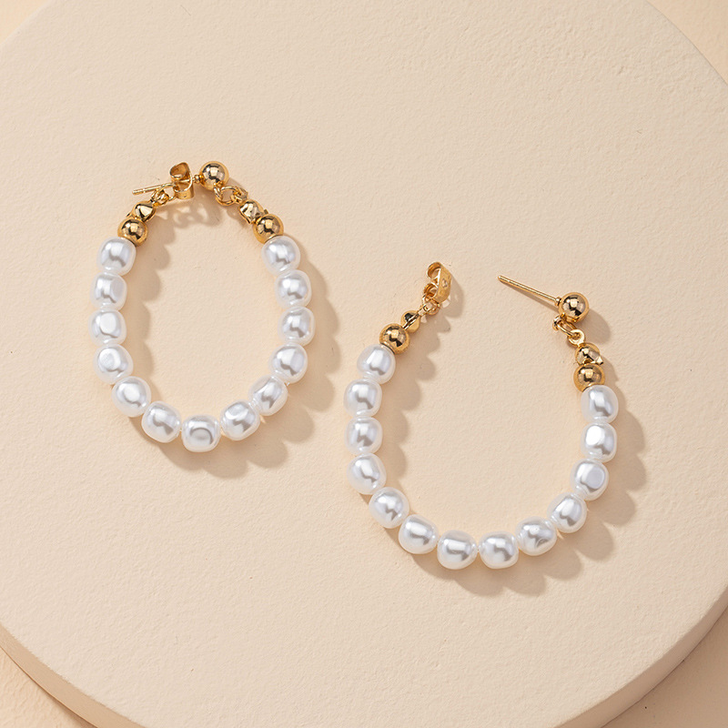 

New Trendy Ins Gold Handmade Pearl Beads Minimalist Hoop Earrings Korean Fashion Chic Women Party Jewelry Earring
