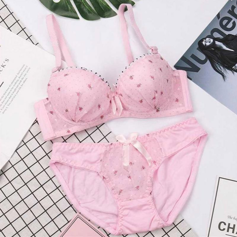 

EFINNY Sweet Lingerie Women Intimates Cotton Comfort Young Girl Underwear Push Up Bra Set, Gold