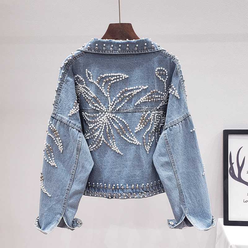 

Heavy Handmade Beading Rivet Loose Short Denim Jacket Women 2020 Autumn New Long sleeve Jeans Jacket Basic Coat Jaqueta Feminina, Blue