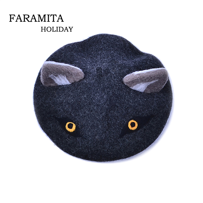 

Faramita Holiday Individuality Werewolf Gothic Women Girls Boys French Berets Wolf Handmade Painter Hats Ears Wool Headwear, As pic