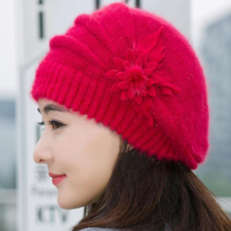 

Autumn Winter Hat Solid Color Wonderful Fashion Women Ladies Flower Knit Crochet Beanie Hat Keep Warm Cap Beret Female, Black
