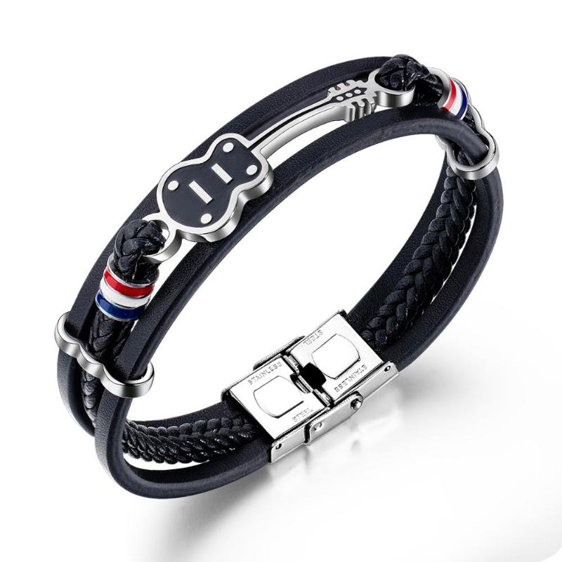 

Guitar Multilayer Black Leather Bracelet Bangle For Men Classic Wristband Cuff Hand Jewelry Gift Dropshipping