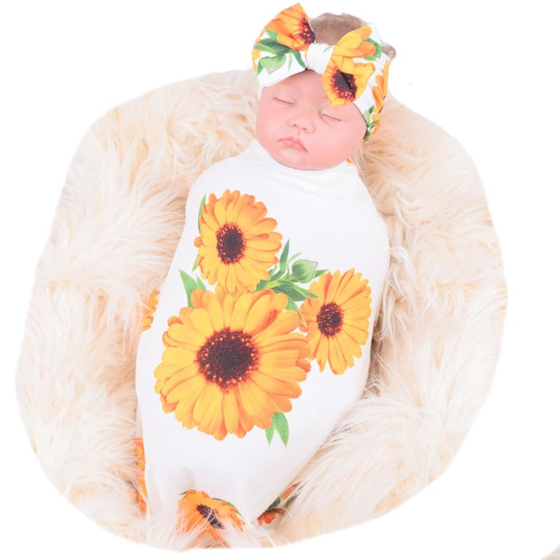 

Infant Newborn 2 Piece Sleep Wrap Sets Cute Printed Baby Floral Swaddle Blanket + Bowknot Headband, White