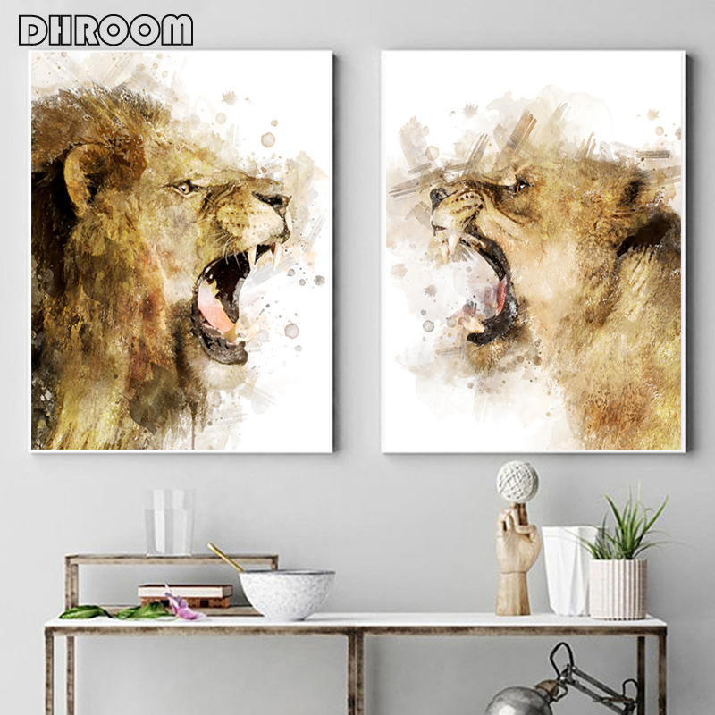 

Lion Watercolor Print Lion and Lioness Painting Safari Canvas Poster Nursery Animal Wall Art Living Room Decoration Picture