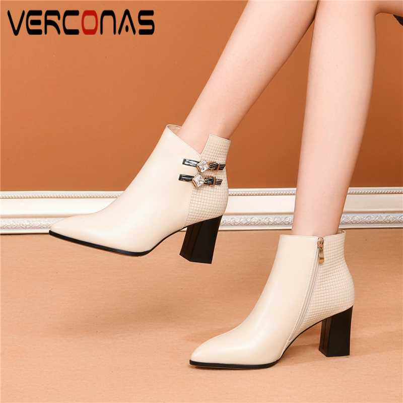 

VERCONAS Fashion Elegant Woman Ankle Boots Autumn Winter Rhinestone Shoes Woman Office Lady Genuine Leather High Heels Zip Boots, Mibai