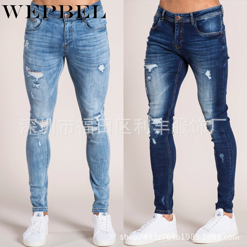 

WEPBEL Fashion Men' Casual Ripped Jeans Vintage Holes In Jeans Casual Denim Long Pants Locomotive Pants Slim Pencil, Light blue