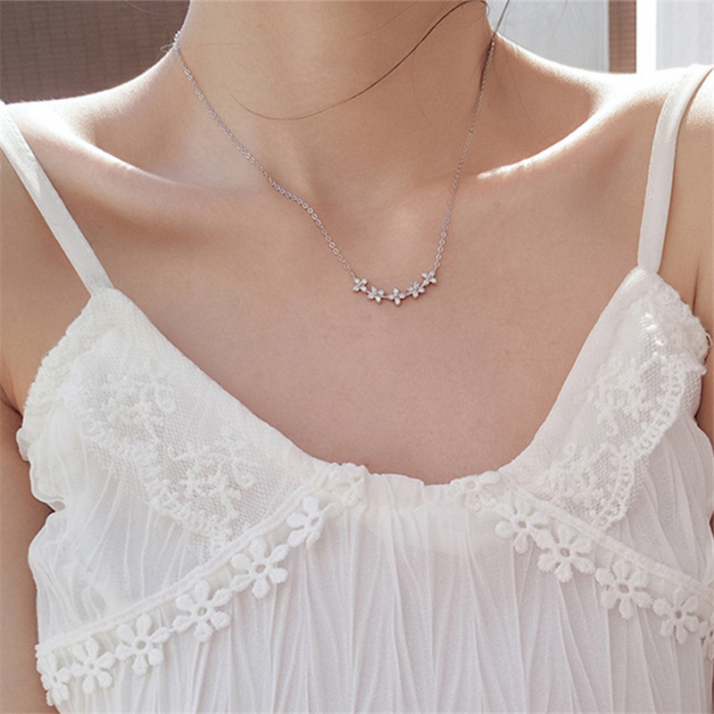 

OBEAR Silver Chain Necklace Genuine Silver Plated Small Flower Cubic Zirconia Jewelry for Women Fashion Accessories