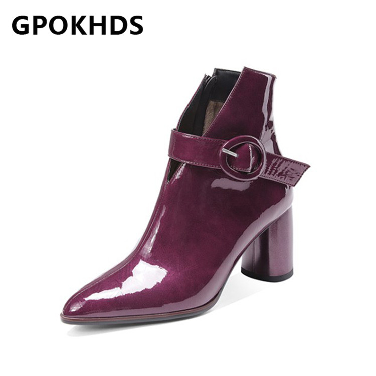 

GPOKHDS 2021 women Ankle boots Cow leather Winter short plush Pointed Toe Zipper Buckle Strap High heels female boots size 39, Black