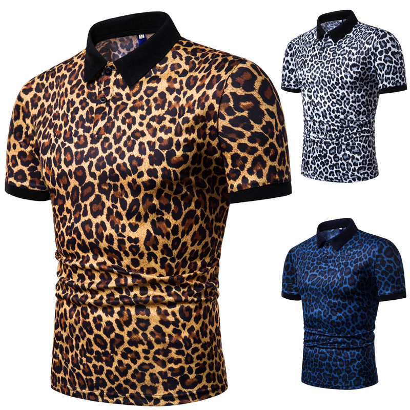 

New 2020 European yards men shirts men lapel leopard print with short sleeves Fashion man hot t-shirt, White