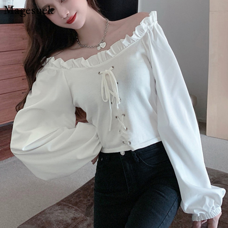 

Autumn Short Cotton White Blouse Women Casual Drawstring Vintage Women Blouses Off Shoulder Long Sleeve Shirt Top 11352
