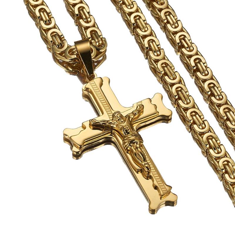 

Cool Gold Color Cross Pendant Necklace New Fashion Jewelry Male Gift Trendy Stainless Steel 18-30" 6mm Link Byzantine Chain