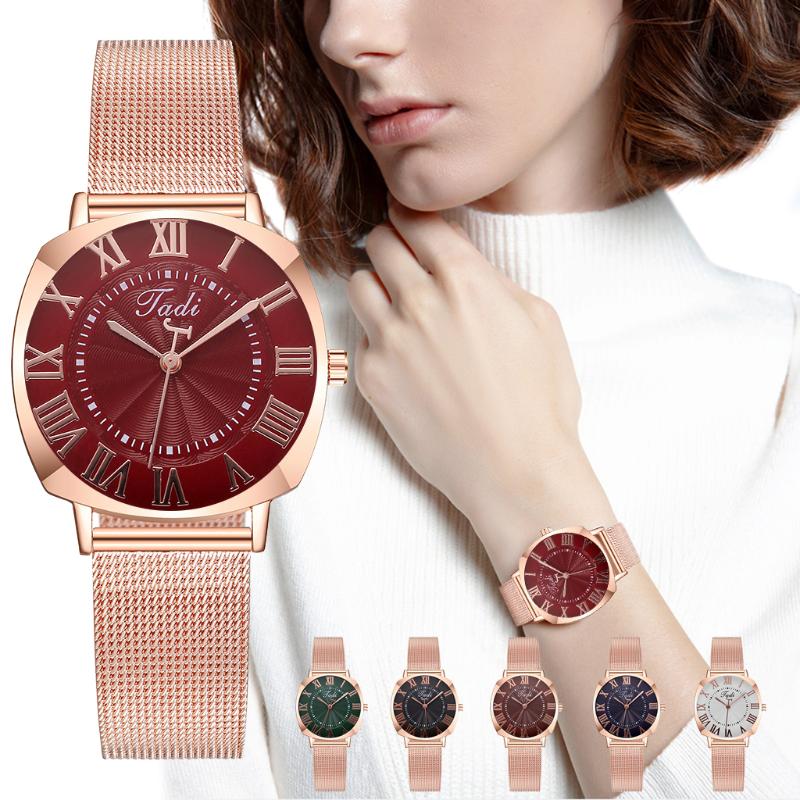 

Tadi Brand Women Rose Gold Stainless Steel Mesh Roma Watches Ladies Quartz Analog Watches For Gift Clock, White