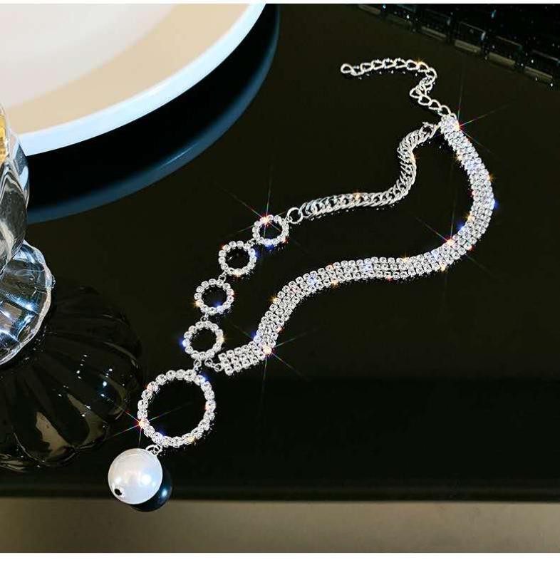

European And American Temperament Zircon Long Pendant Necklace Circle Connected Pearl Woman Necklace Exquisite Clavicle Trend
