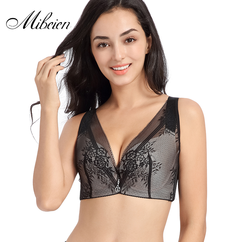 

Breathable and comfortable gather bra women Big breasts show small push up top female Thin steel support plus size bra, Black