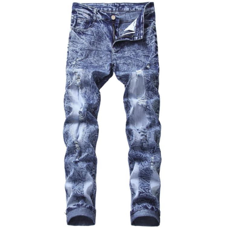 

Snow Fashion Brand Wash Biker Jeans Men's Casual Ripped Distressed Cotton Denim Straight Long Trousers Stretch Slim Pants 30-44, Blue