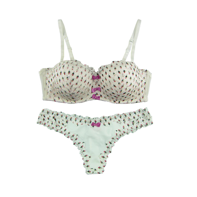 

MiaoErSiDai Women's Sexy Bra Set Floral Girl's Lovely Bow Convertible Straps Underwear Female 1/2 Cup Lingerie And T-Back Thong, Beige