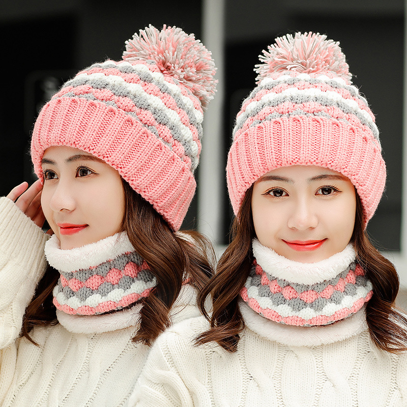 

Hat Female Winter New Fashion Tide Wool Hat Thickened Sweet Cute Warm Knitted Scarf Two-piece, Black