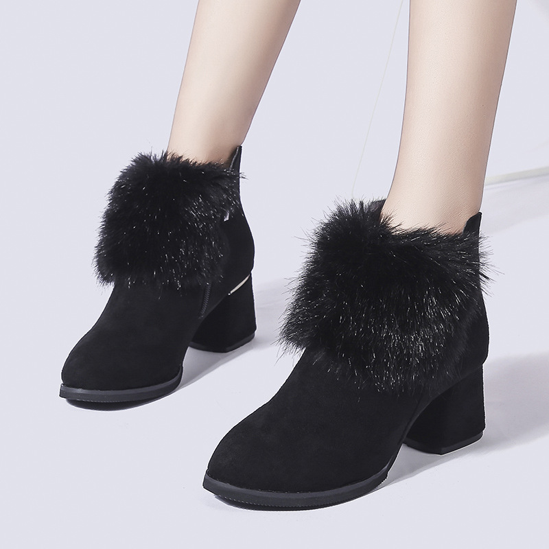 

COWCOM Autumn Winter New Pure Large Shoe Women's Round-Headed Casual High-heeled Anti-skid Side Zipper Ankle Boots FZZ-4024, Black