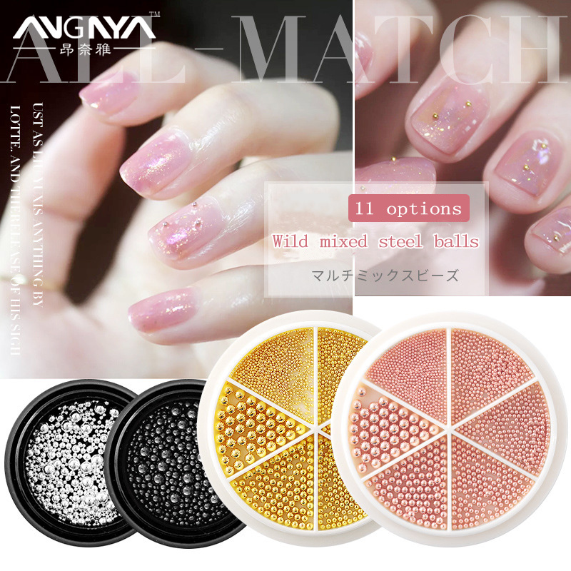 

ANGNYA 6 Grid Nail Rhinestone Glitter Small Irregular Metal Beads Pearl for Nail Art 3D Decoration Stone In Wheel DIY Tips