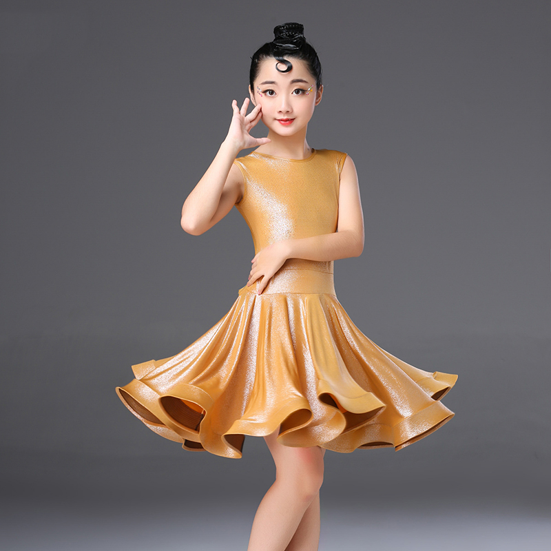 

Latin Dance Dress Girls Sleeveless American Clothing Tango Salsa Cha Cha Ballroom Practice Wear Rumba Samba Dresses DCC266, Gold