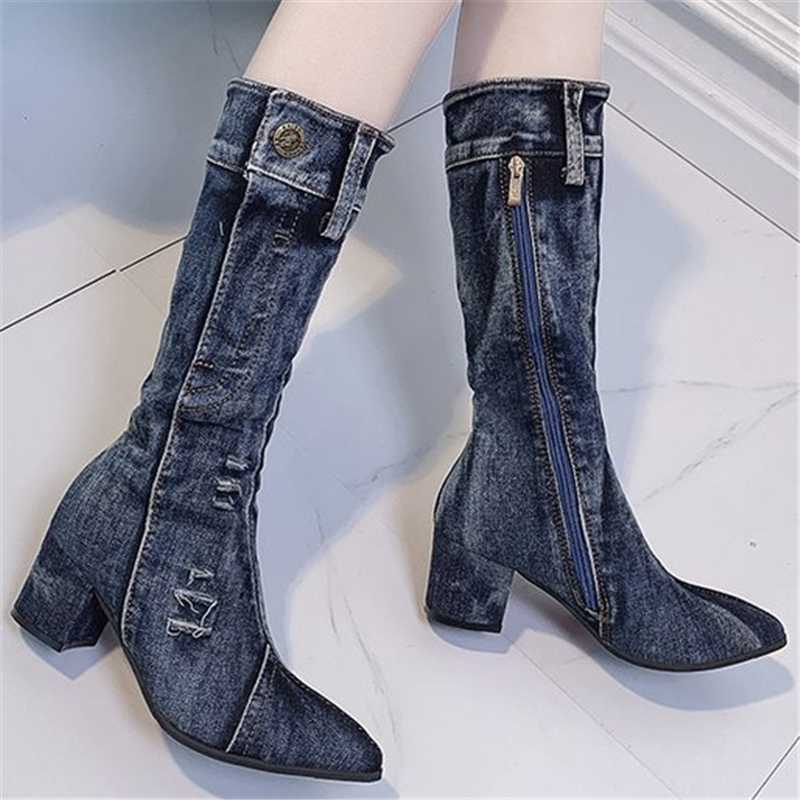 

New 2020 Fashion Wild Autumn Winter Women Boots Denim Women Pointed Toe Cowboy Style High Heels Shoes mid calf Boots 35-40, Black