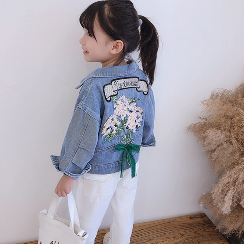 

2020 new girl denim jacket cute and comfortable girl retro flower embroidery autumn coat children's personality foreign jacket, Navy blue