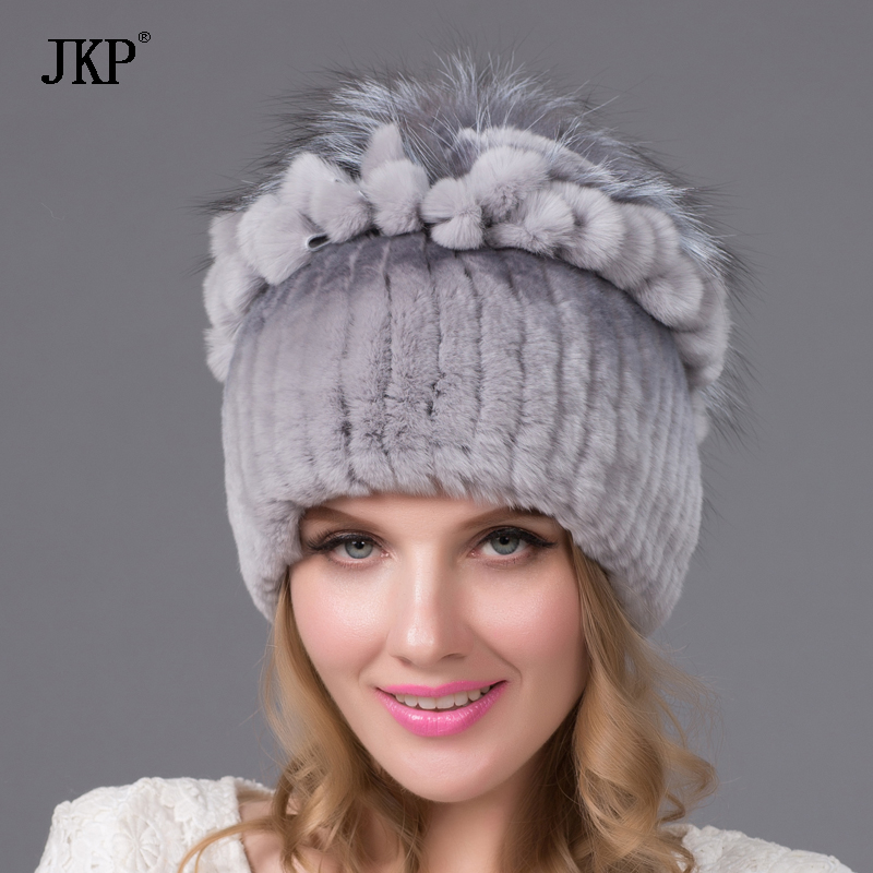 

Knitted Rex fur hat for women with Silver color pompom fur hat Cap, Thy 30a