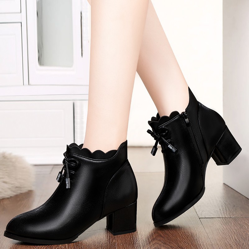 

Womens Boots Shoes Female Ankle Boot New Winter Leather British Retro Style Med Heels Boots Elegant Lady Femenino Botas De Mujer, Black 1 no velvet