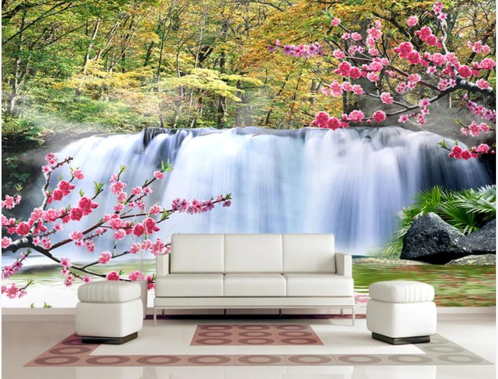 

wall paper 3 d custom photo mural Plum blossom landscape painting waterfall home decor photo wallpaper in the living room, Non woven wallpaper