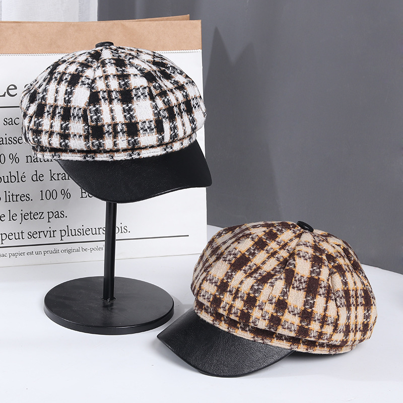 

Women Autumn Winter Vintage Beret Hat 2020 New Plaid Octagonal Hat For Women Cotton Casual Newsboy Girl Female Octagonal Cap, 3-gray plaid