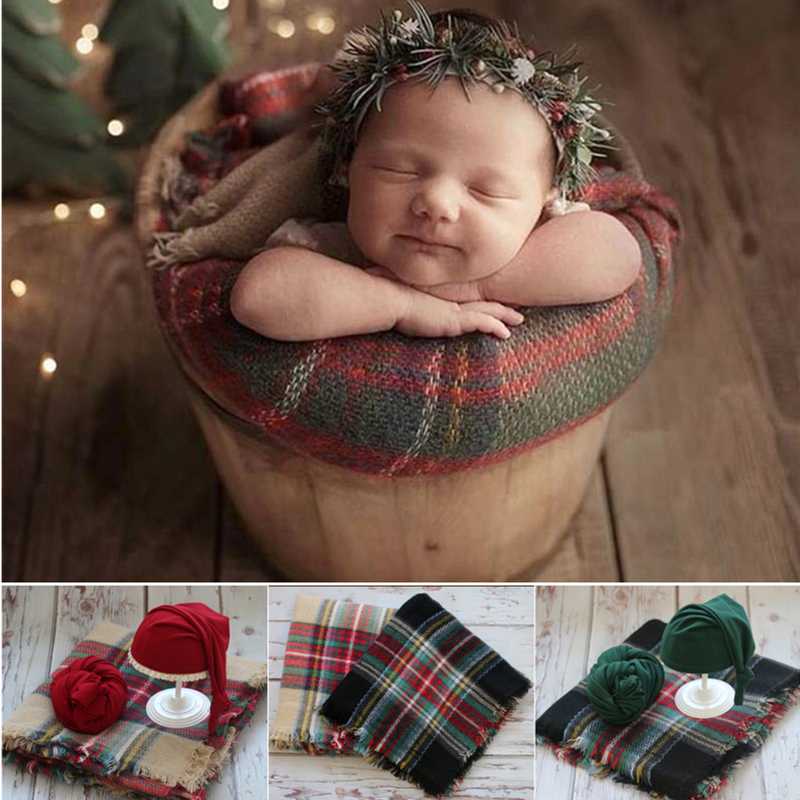 

Dvotinst Newborn Photography Props for Baby Christmas Plaid Blanket Wraps Hat Studio Shoots Accessories Fotografia Photo Props, Blanket 1