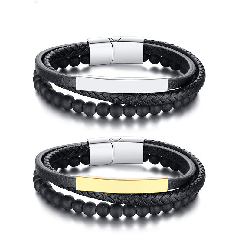 

Fashion Accessory Stainless Steel + Black Leather Bracelet Men's Fashion Bracelet